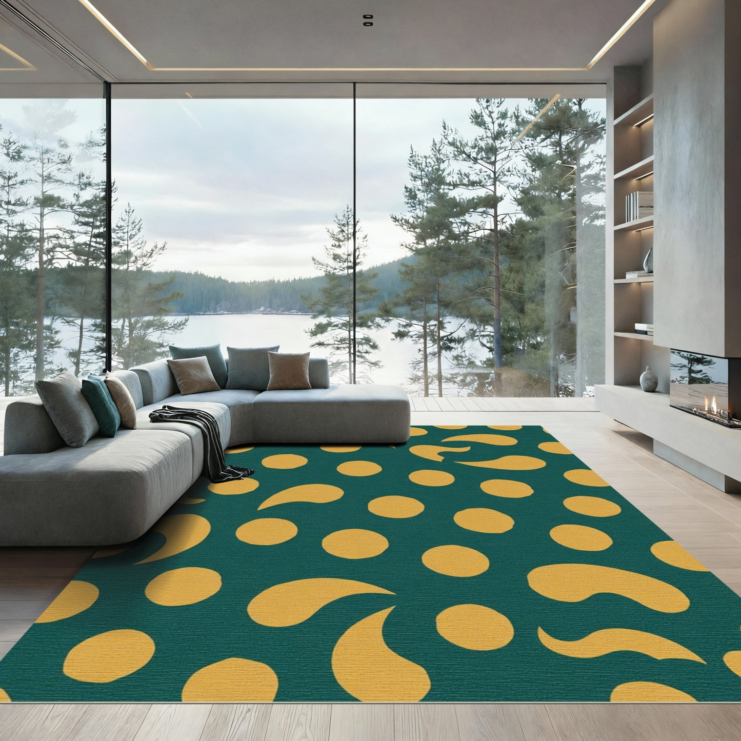 Verdant Gold Polka Droplet Composition Rug