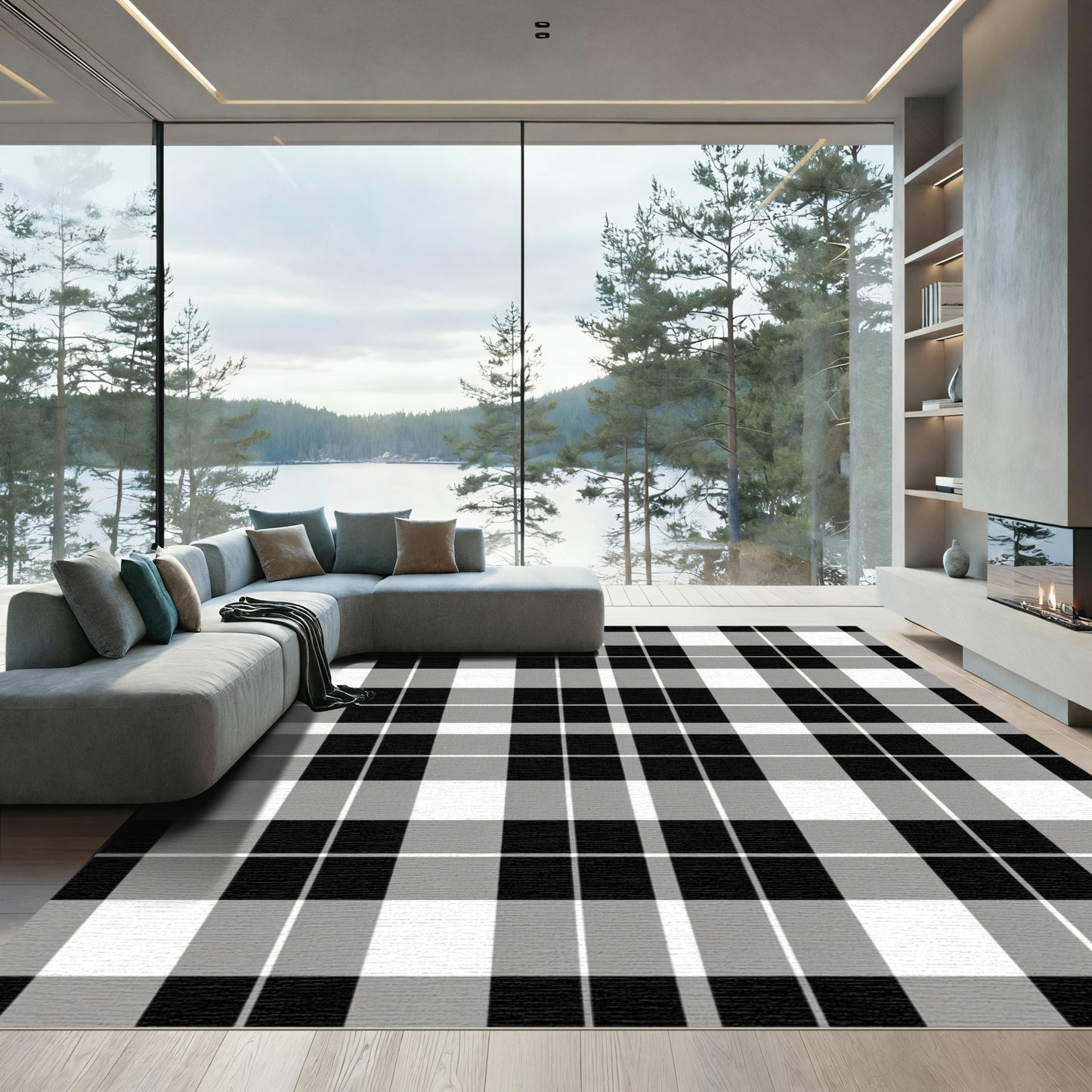 Black and White Checkered Plaid Rug