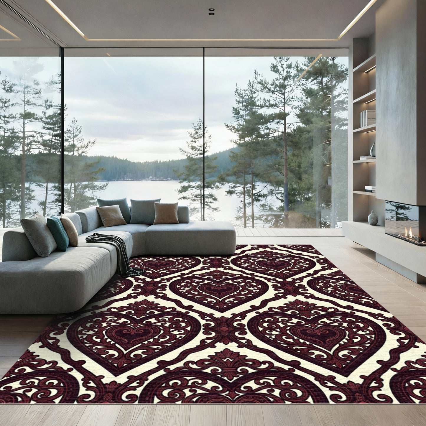 Ornate Burgundy Heart Damask Rug