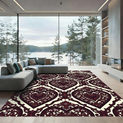 Ornate Burgundy Heart Damask Rug