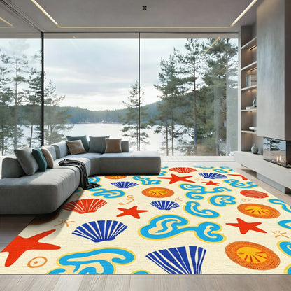 Nautical Red Blue Shell Starfish Pattern Rug