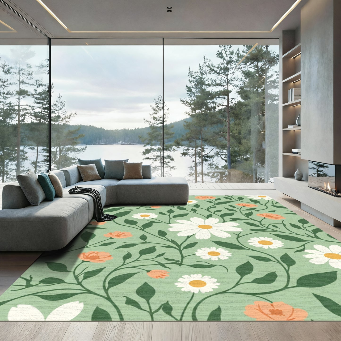White Orange Daisy Vine Floral Rug