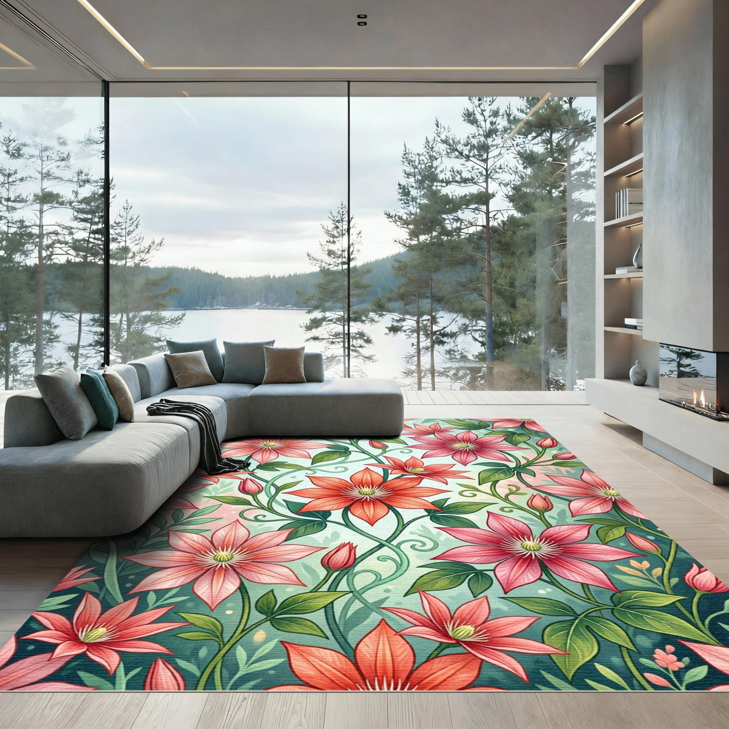 Elegant Coral Clematis Botanical Garden Rug