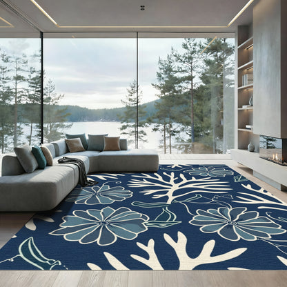 Navy Floral Branch Seaweed Rug