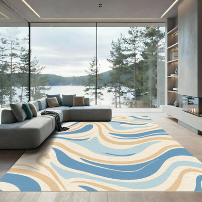 Cream Blue Wavy Swirl Art Rug