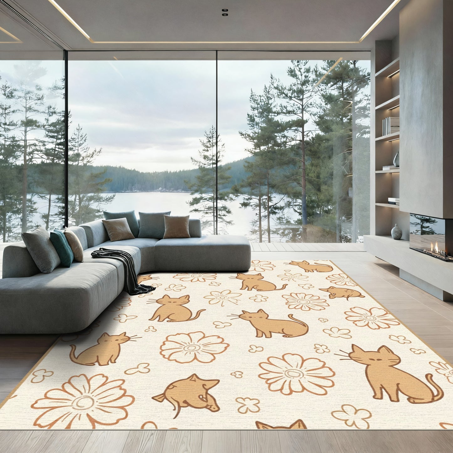 Whimsical Tan Cat Floral Collage Rug