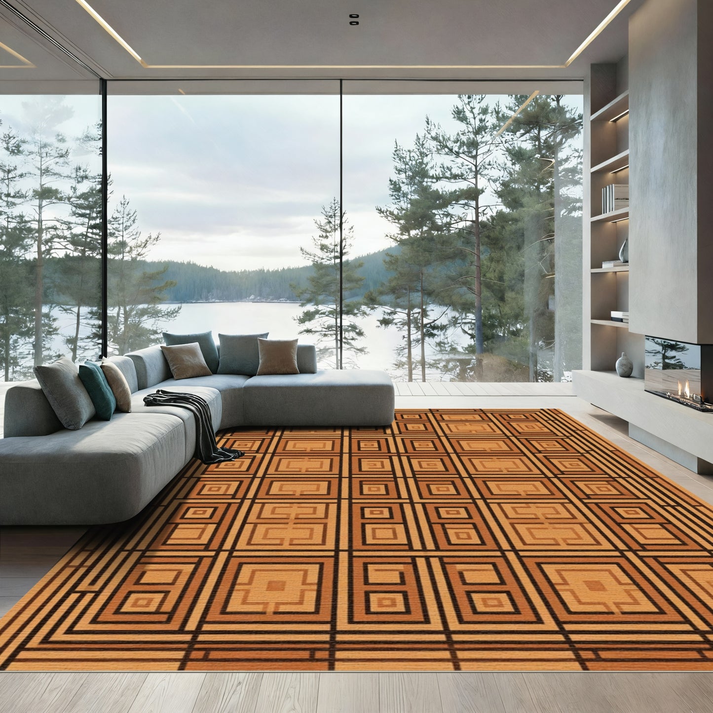 Modern Geometric Wood Inlay Rug