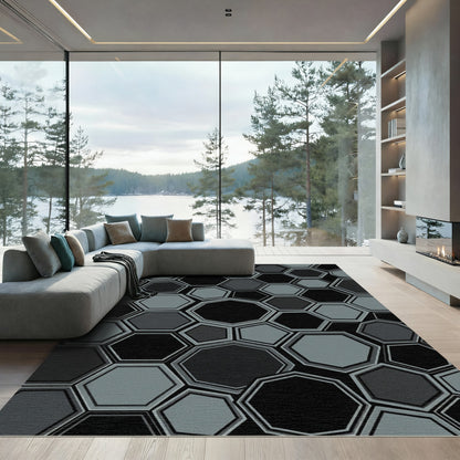 Graphic Geometric Monochrome Hexagon Composition Rug
