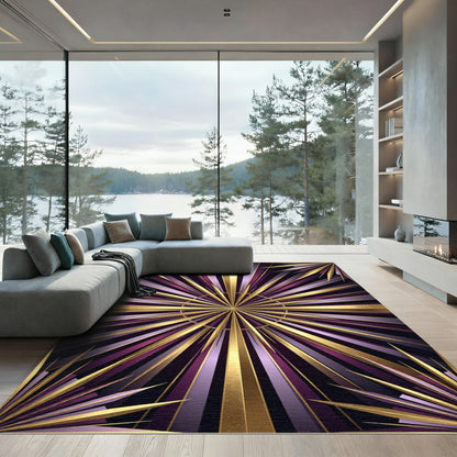 Luxurious Gold and Purple Art Deco Sunburst Rug