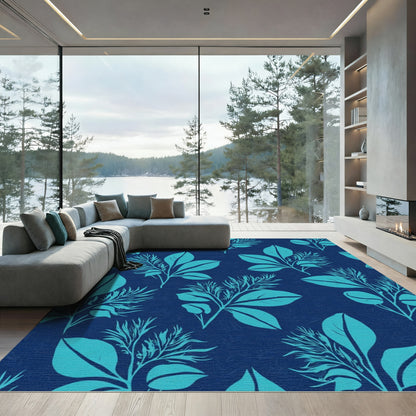 Teal Leafy Branches on Navy Background Rug