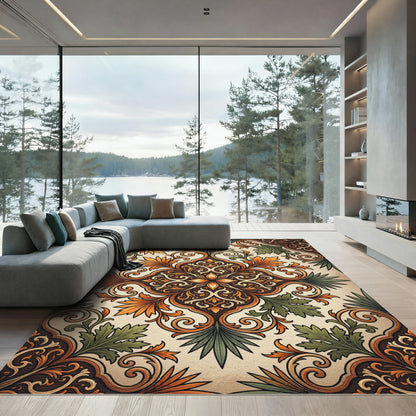 Elegant Amber Foliage Botanical Medallion Rug