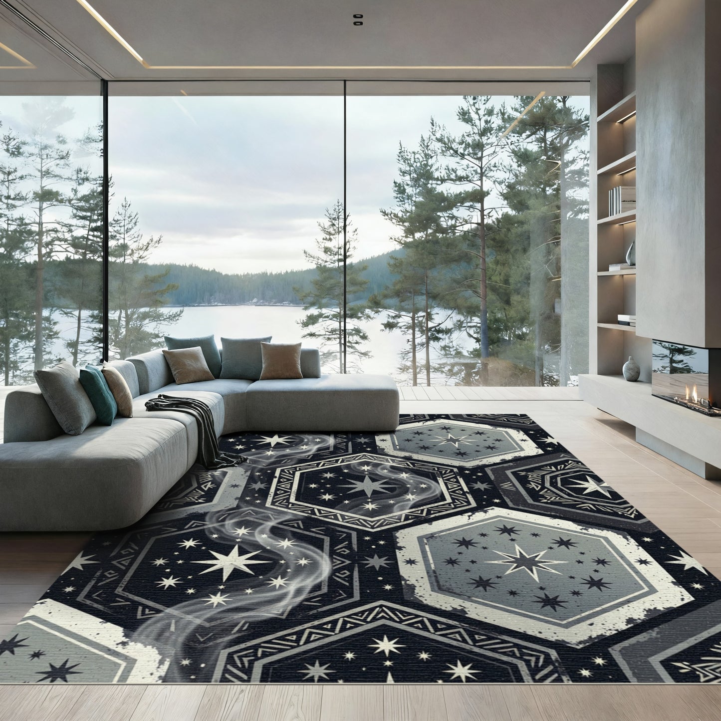 Celestial Hexagon Starry Sky Charcoal Decor Rug