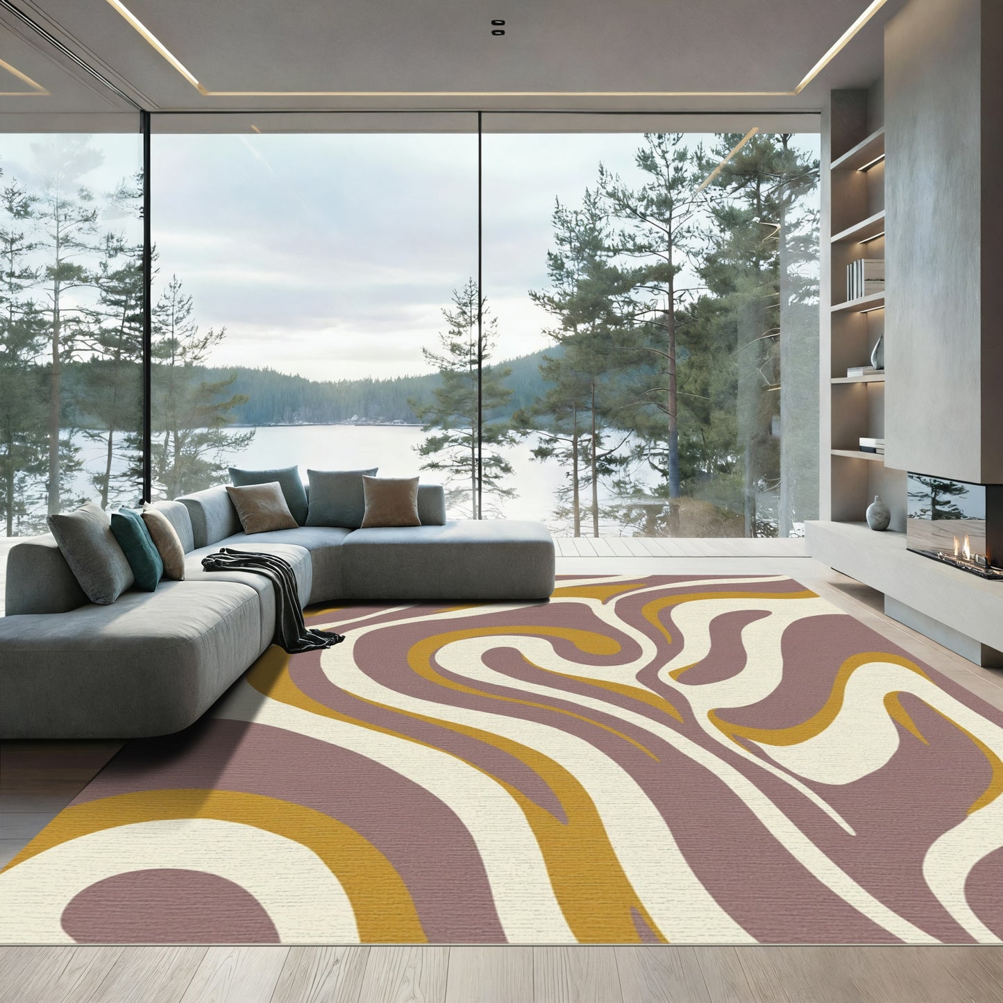 Retro Plum Beige Swirl Abstract Rug