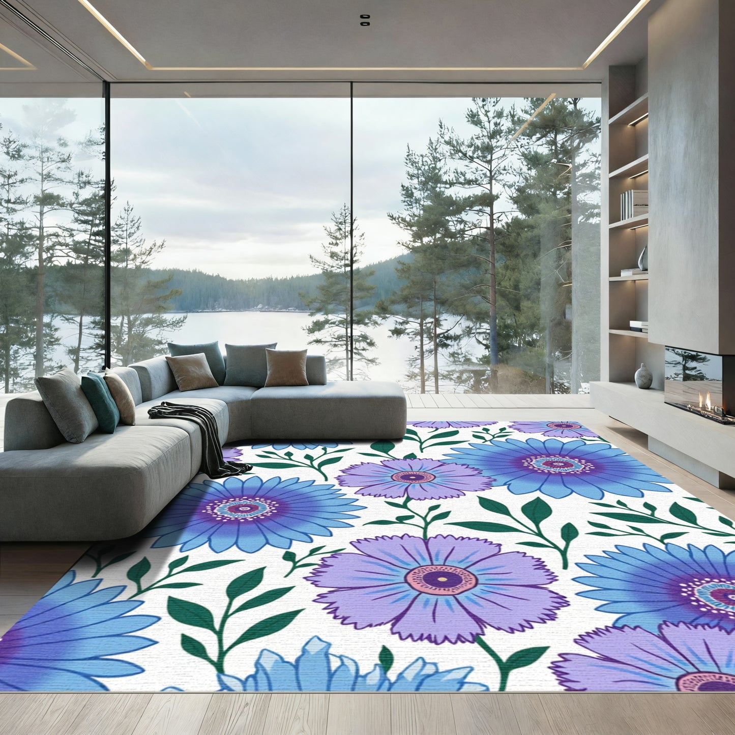 Blue Purple Daisy Floral Garden Rug