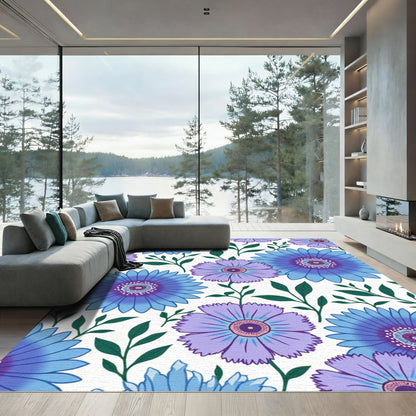 Blue Purple Daisy Floral Garden Rug