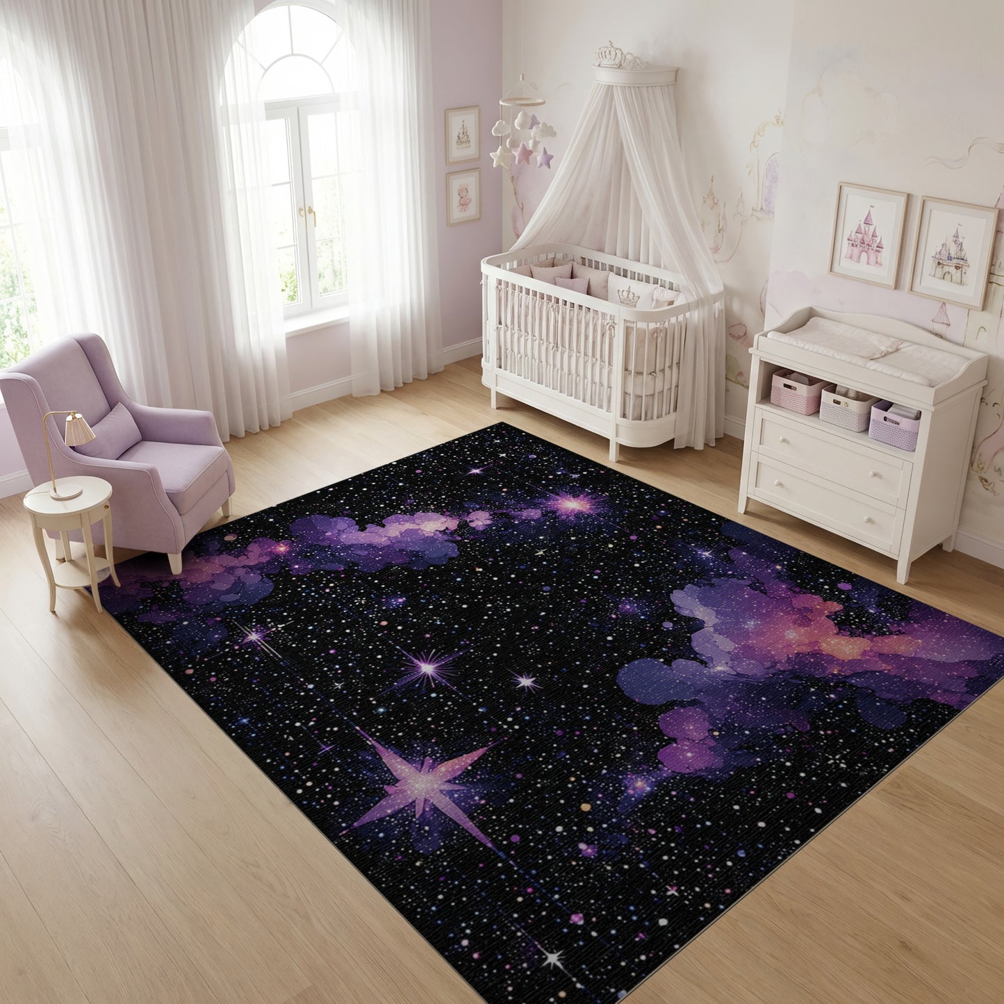 Vibrant Purple Nebula Sparkling Stars Rug