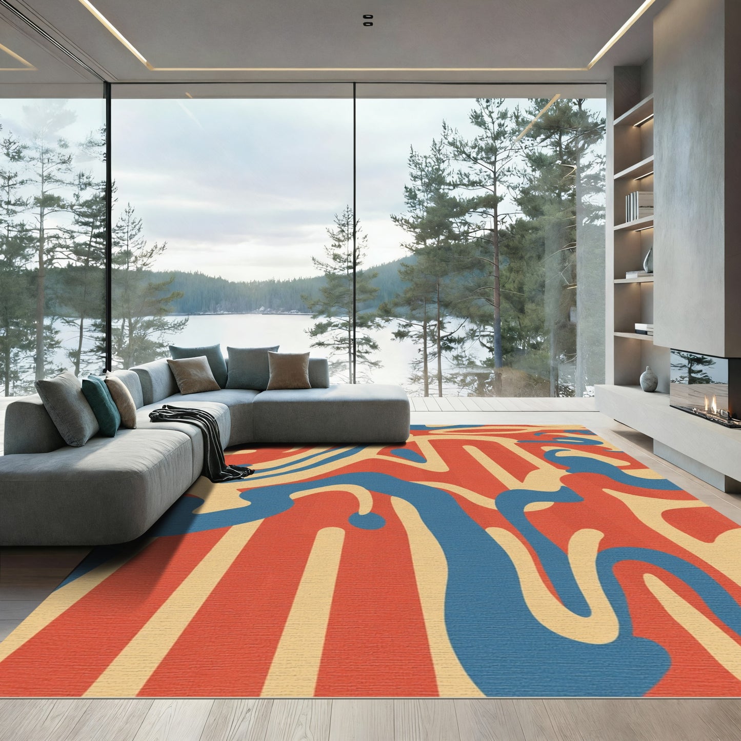 Retro Red Blue Swirl Abstract Rug