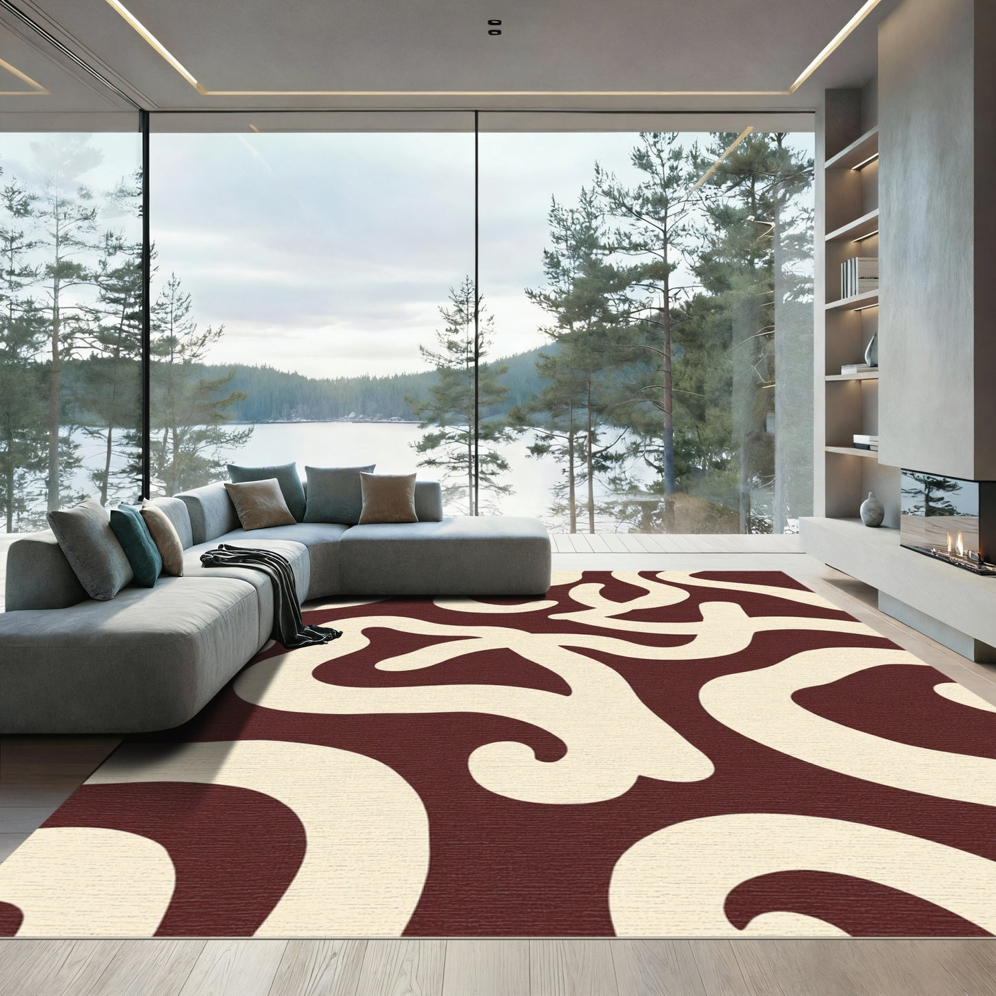 Crimson Cream Wavy Strokes Rug