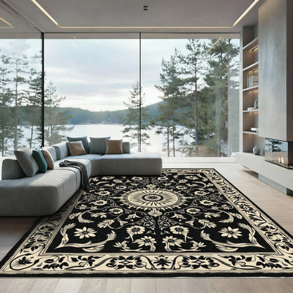Black Floral Sun Medallion Border Rug