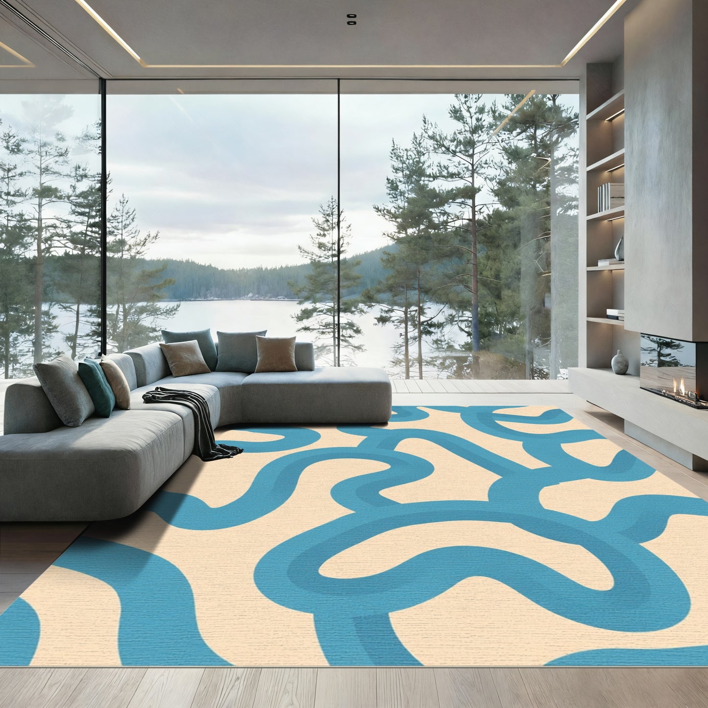 Aqua Wave Abstract Swirl Rug