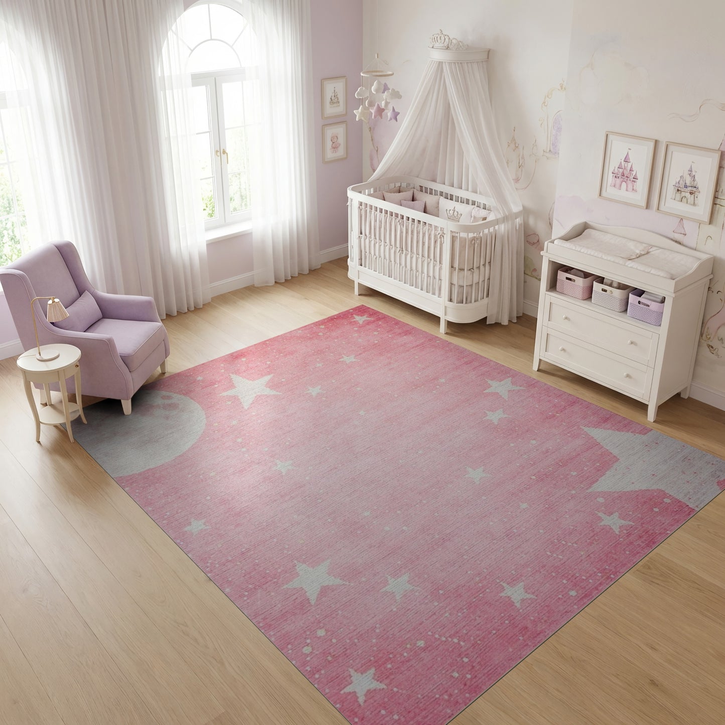 Whimsical Pink Moon Stars Rug