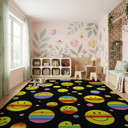 Whimsical Yellow Smiley Rainbow Circles Rug