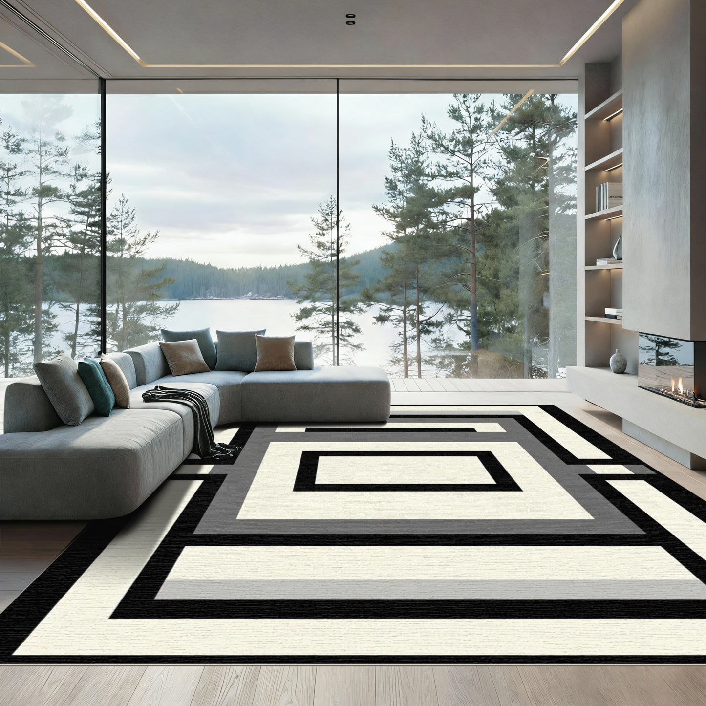 Monochromatic Geometric Rectangular Frame Rug