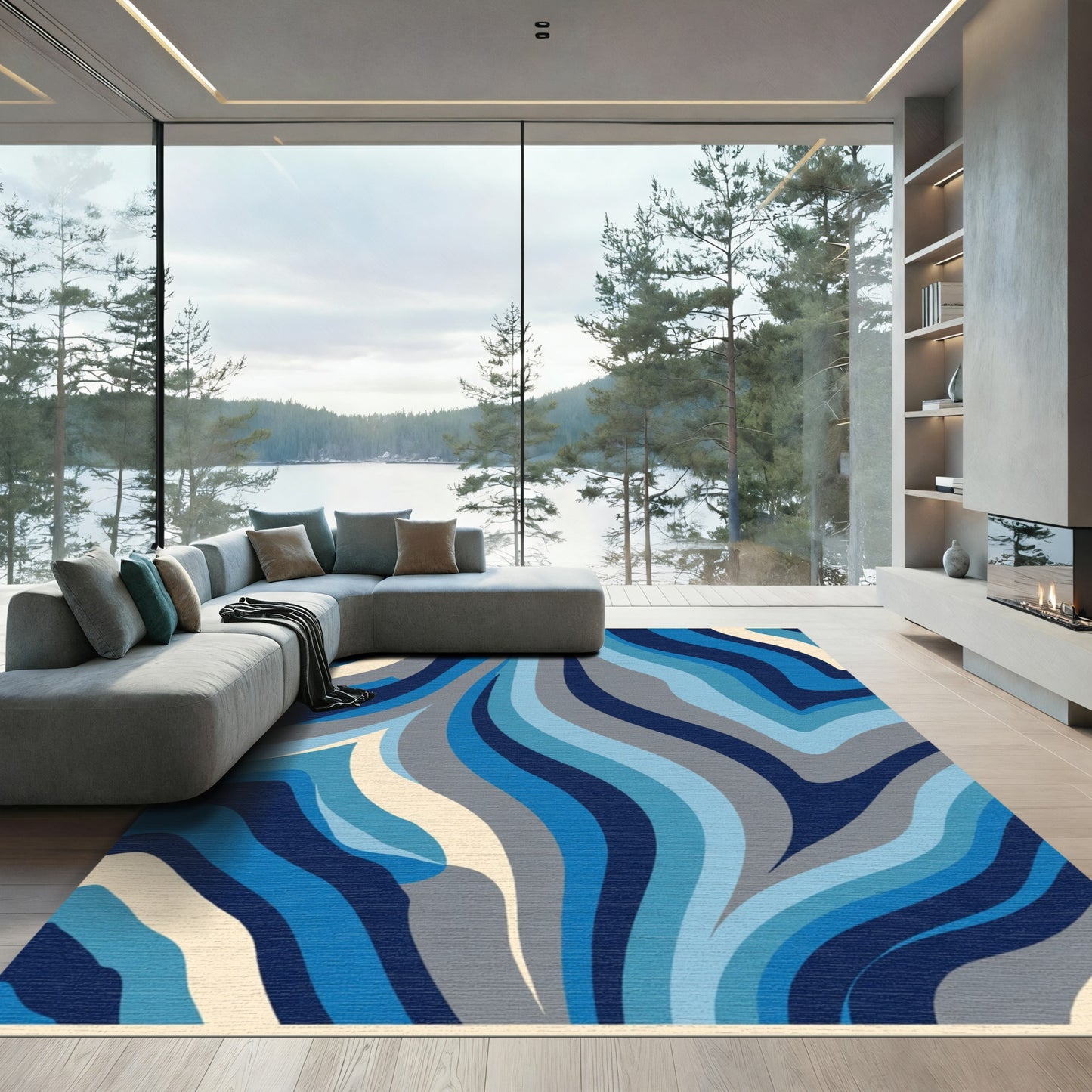 Blue Wave Abstract Swirl Rug