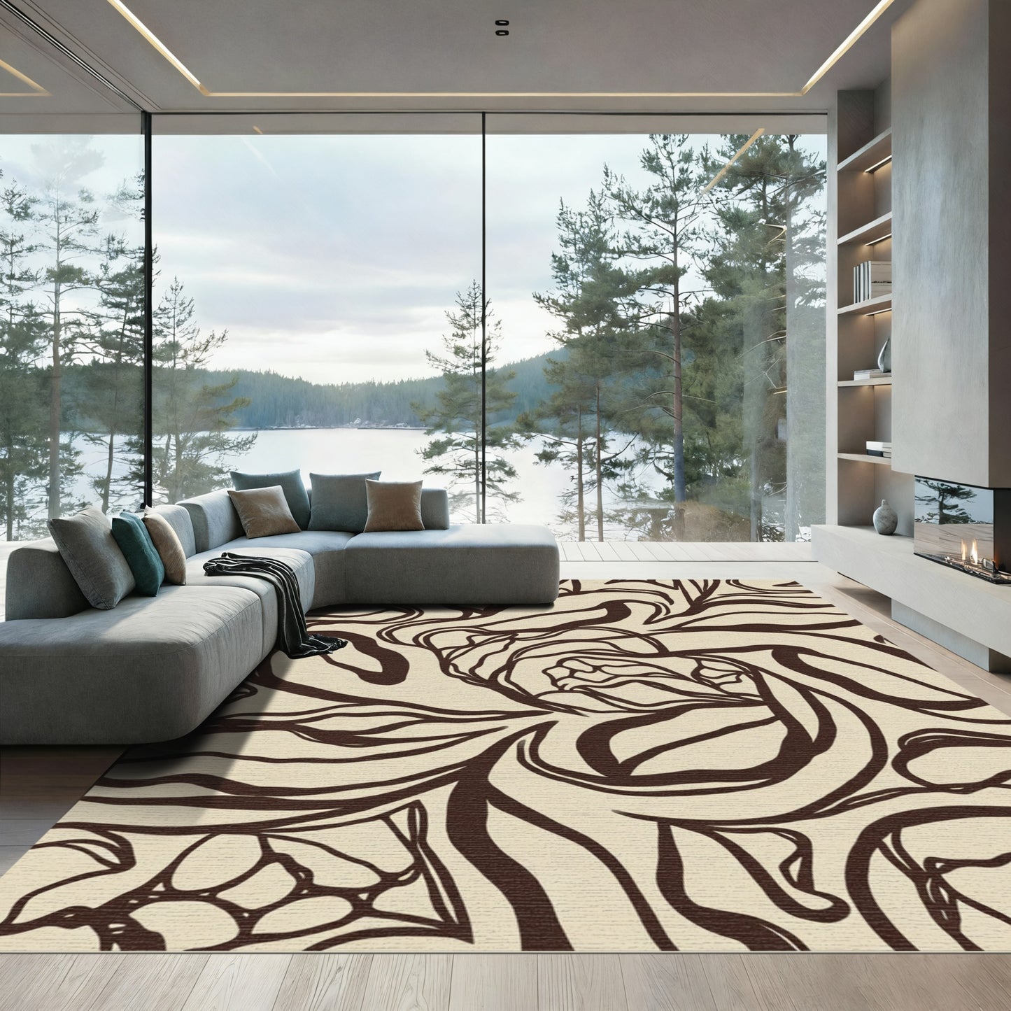 Cream Brown Abstract Floral Whimsical Rug