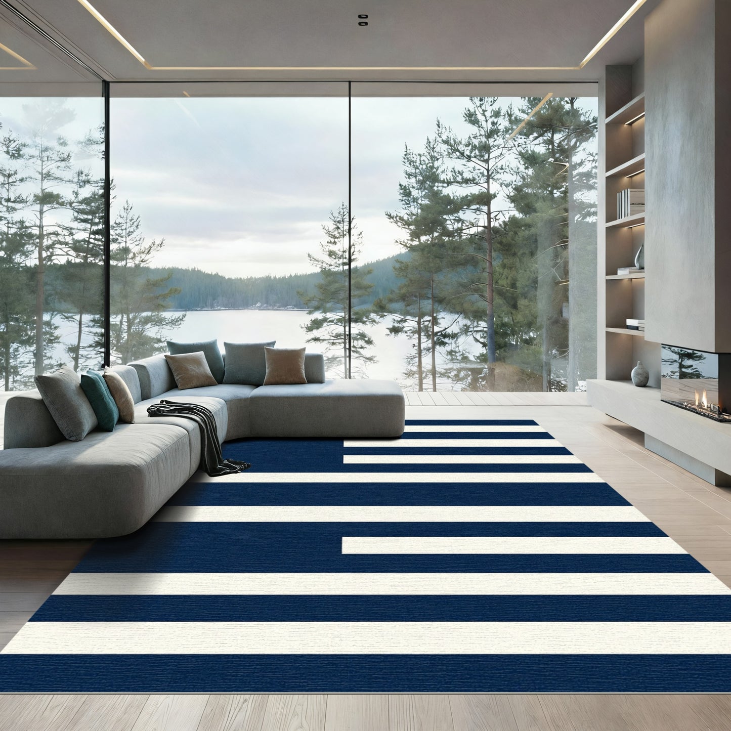 Minimalist Navy and White Striped Geometric Rug
