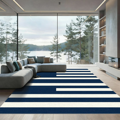 Minimalist Navy and White Striped Geometric Rug