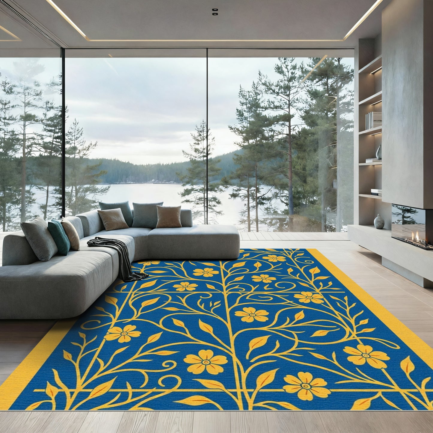 Golden Floral Vine Blue Backdrop Rug