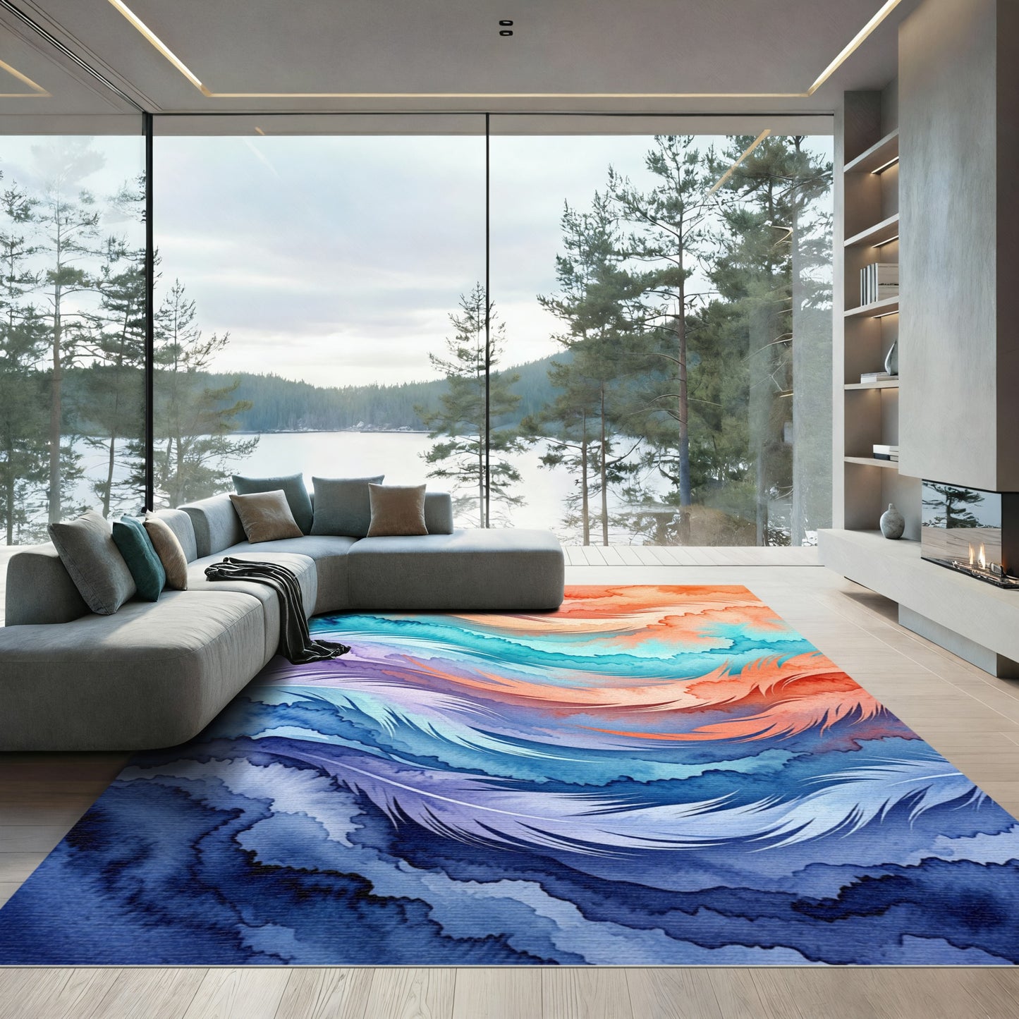 Watercolor Gradient Feather Abstract Wave Rug