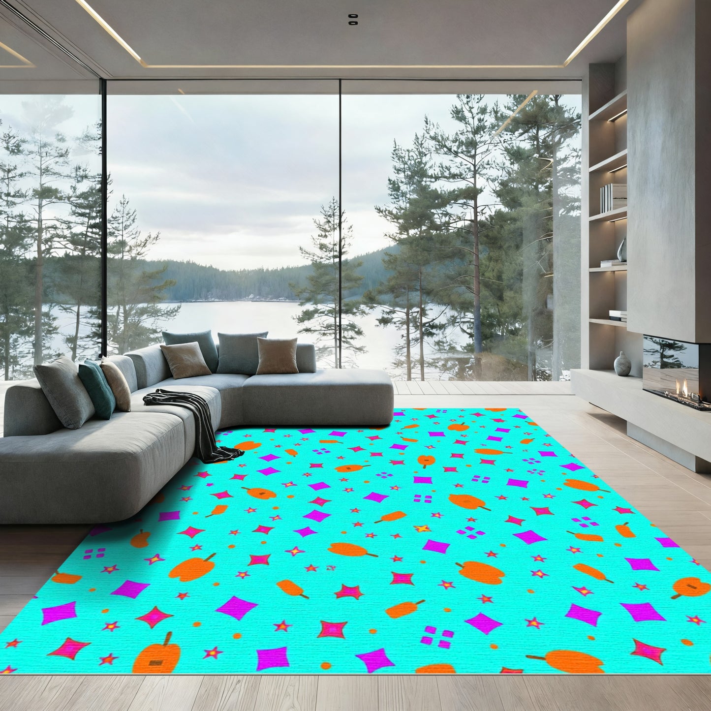 Bright Orange Fruit Scatter Teal Rug