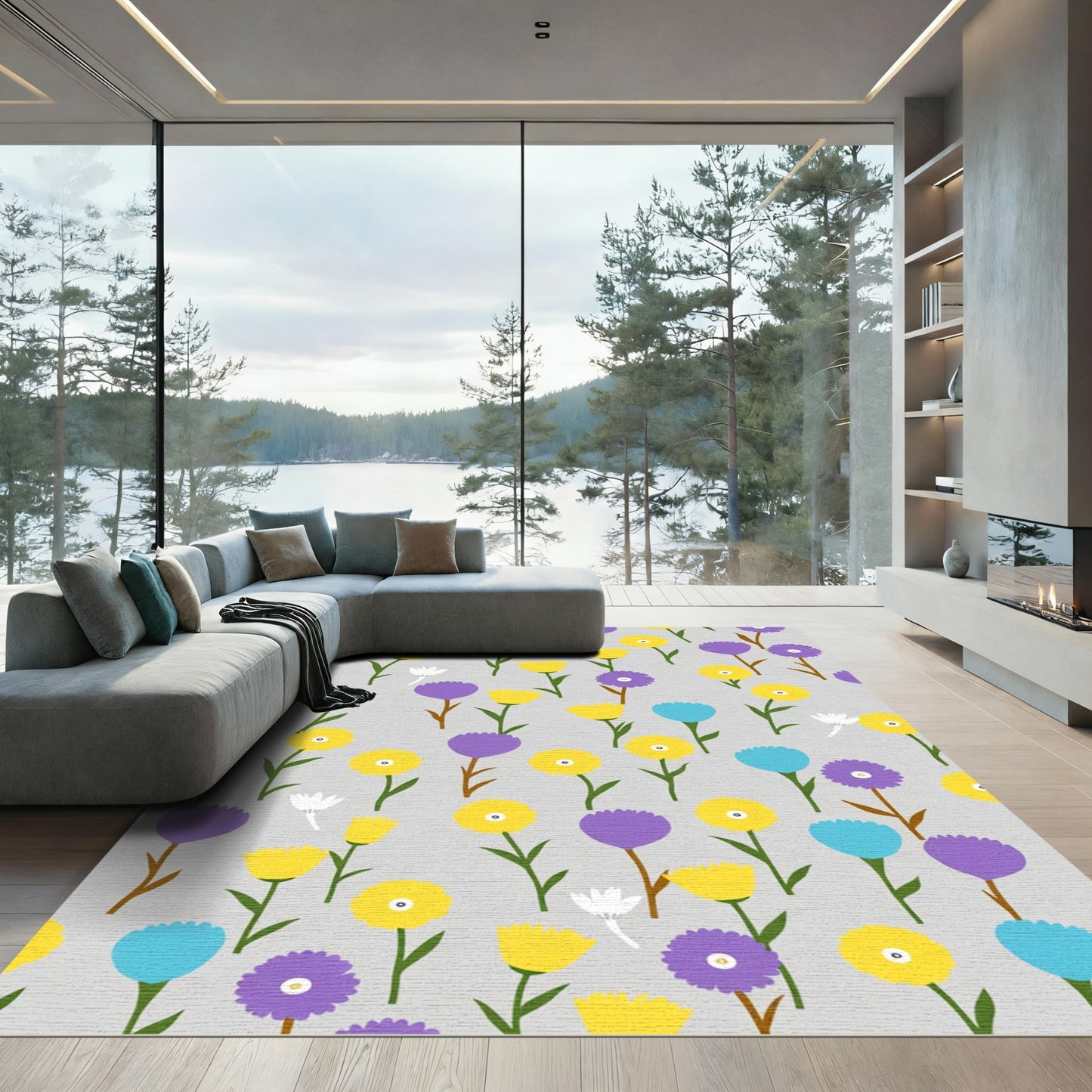 Whimsical Yellow Purple Blue Floral Field Rug