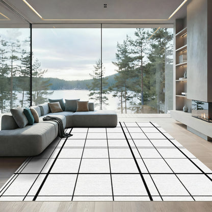 Bold Black White Grid Lines Rug