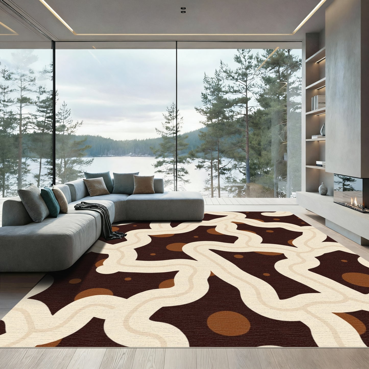 Cream Wavy Lines Brown Spots Rug