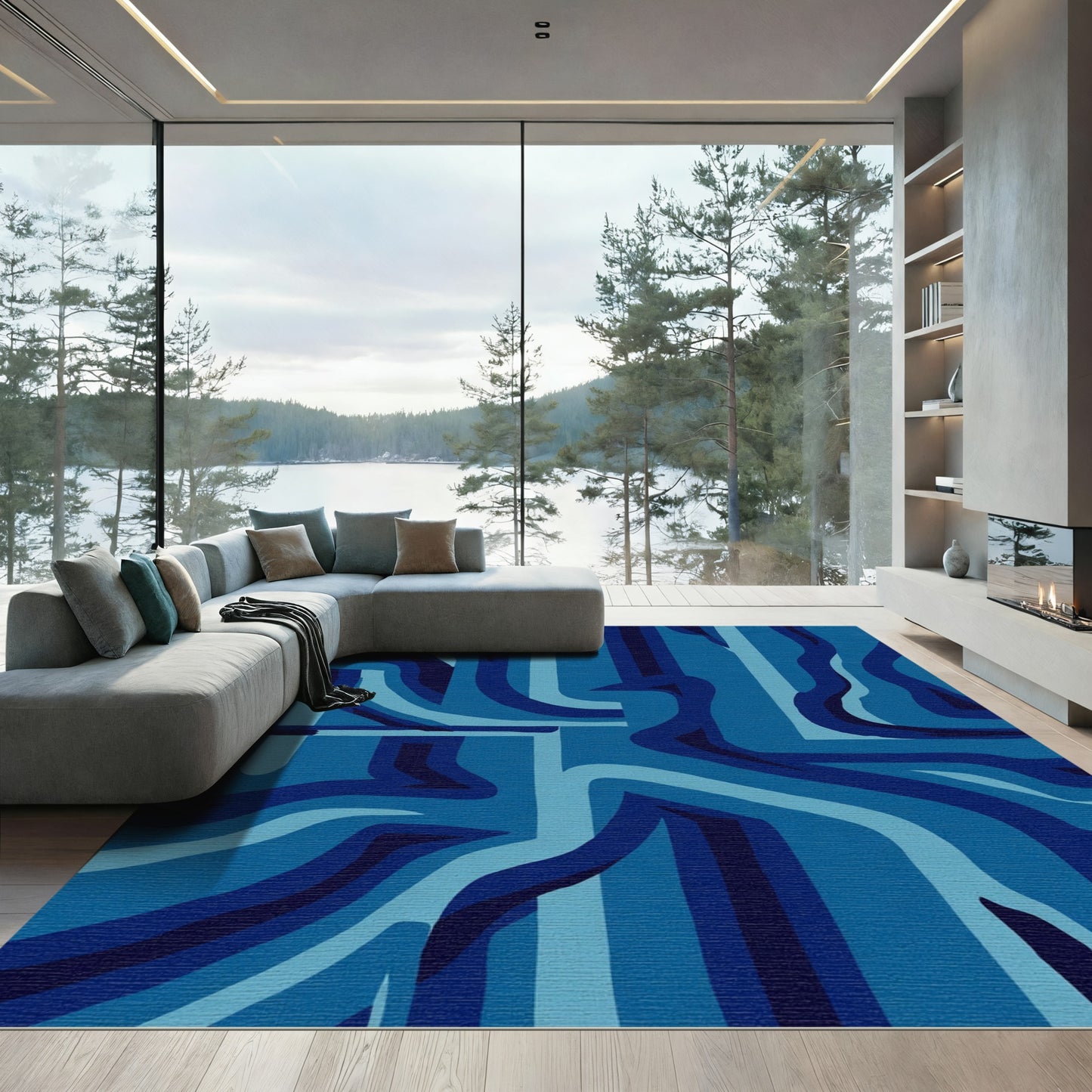 Deep Blue Wavy Stripe Arrangement Rug