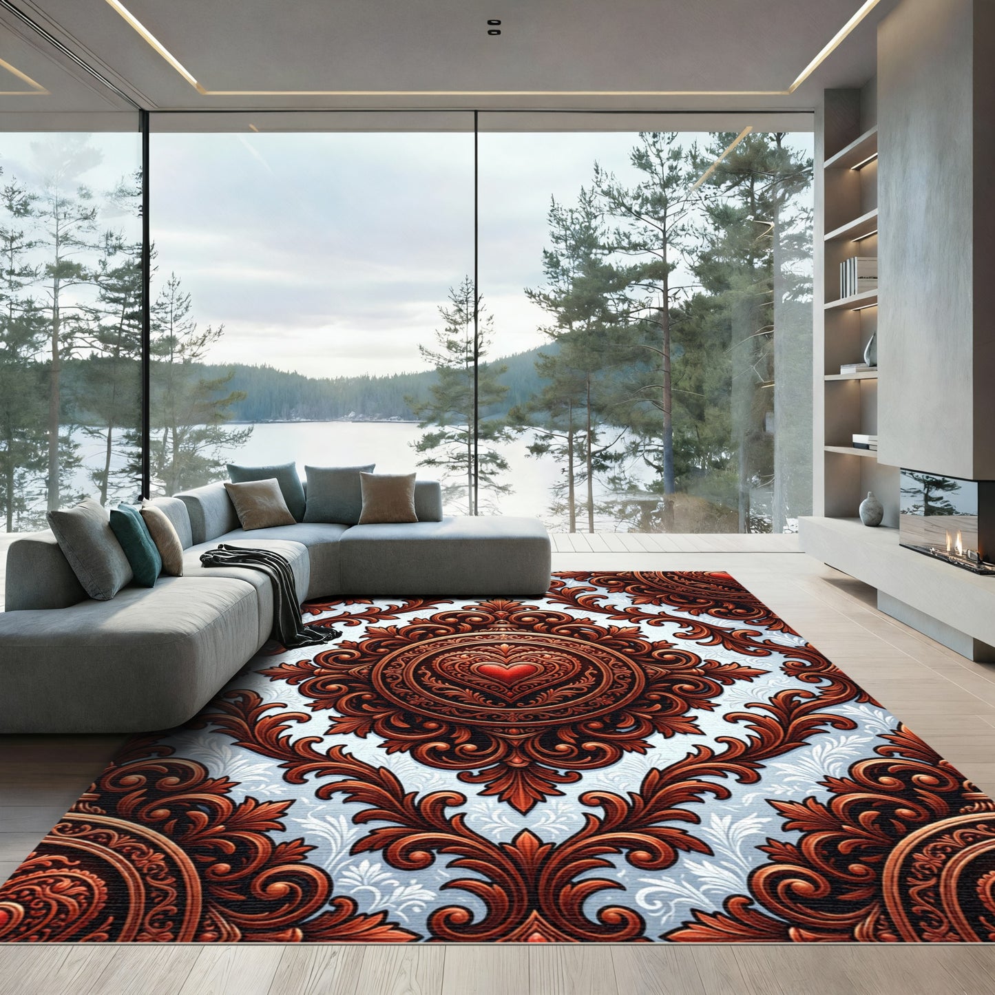 Ornate Crimson Heart Damask Medallion Rug