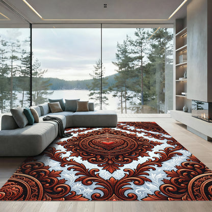 Ornate Crimson Heart Damask Medallion Rug