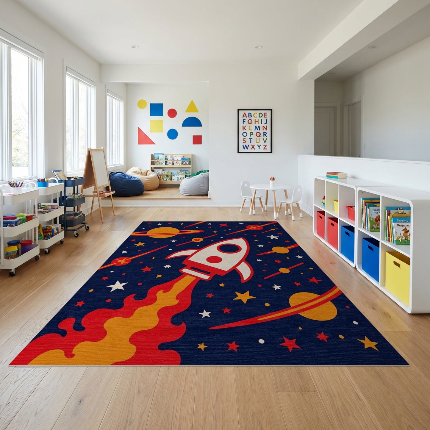 Whimsical Cosmic Rocket Stars Rug