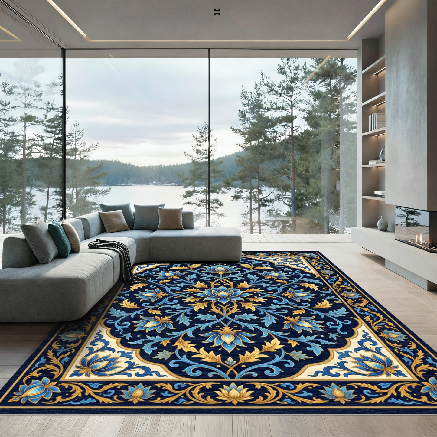 Elegant Navy Gold Lotus Floral Medallion Rug