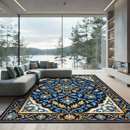 Elegant Navy Gold Lotus Floral Medallion Rug
