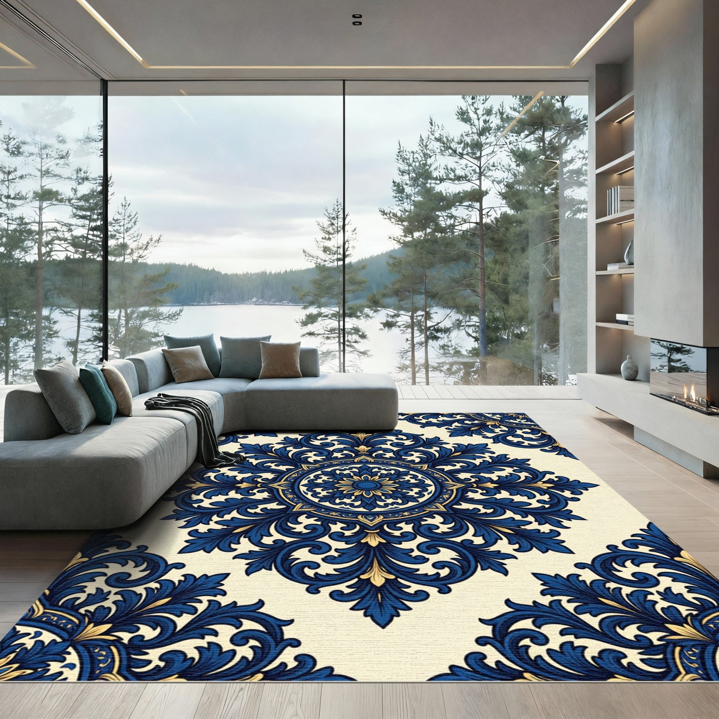 Elegant Navy Blue Gold Damask Medallion Rug