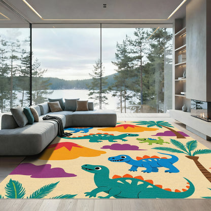 Playful Dinosaur Palm Tree Volcano Scene Rug