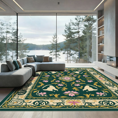 Emerald Green Floral Swan Medallion Rug