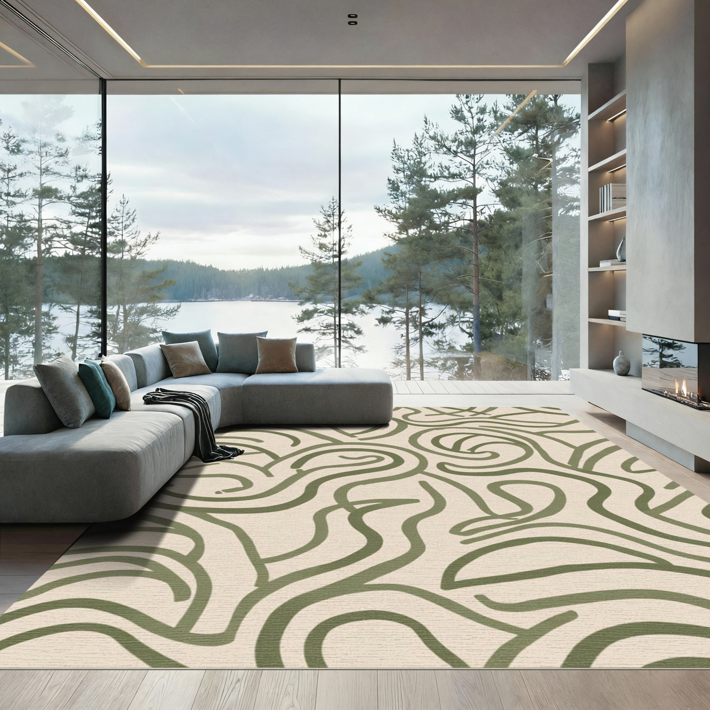 Olive Green Fluid Swirl Lines Rug