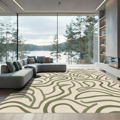 Olive Green Fluid Swirl Lines Rug