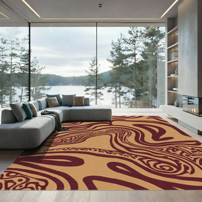 Maroon Swirls On Tan Abstract Rug