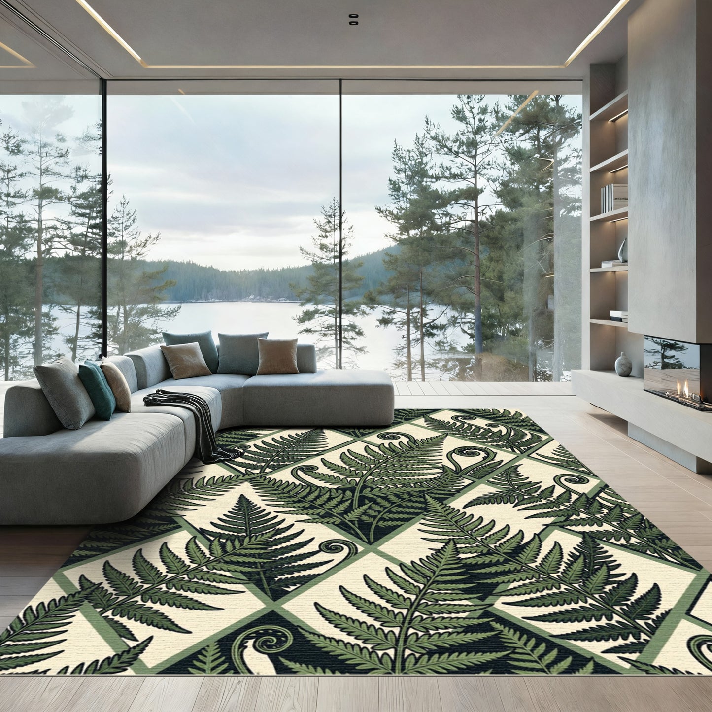 Botanical Emerald Fern Diamond Tile Rug
